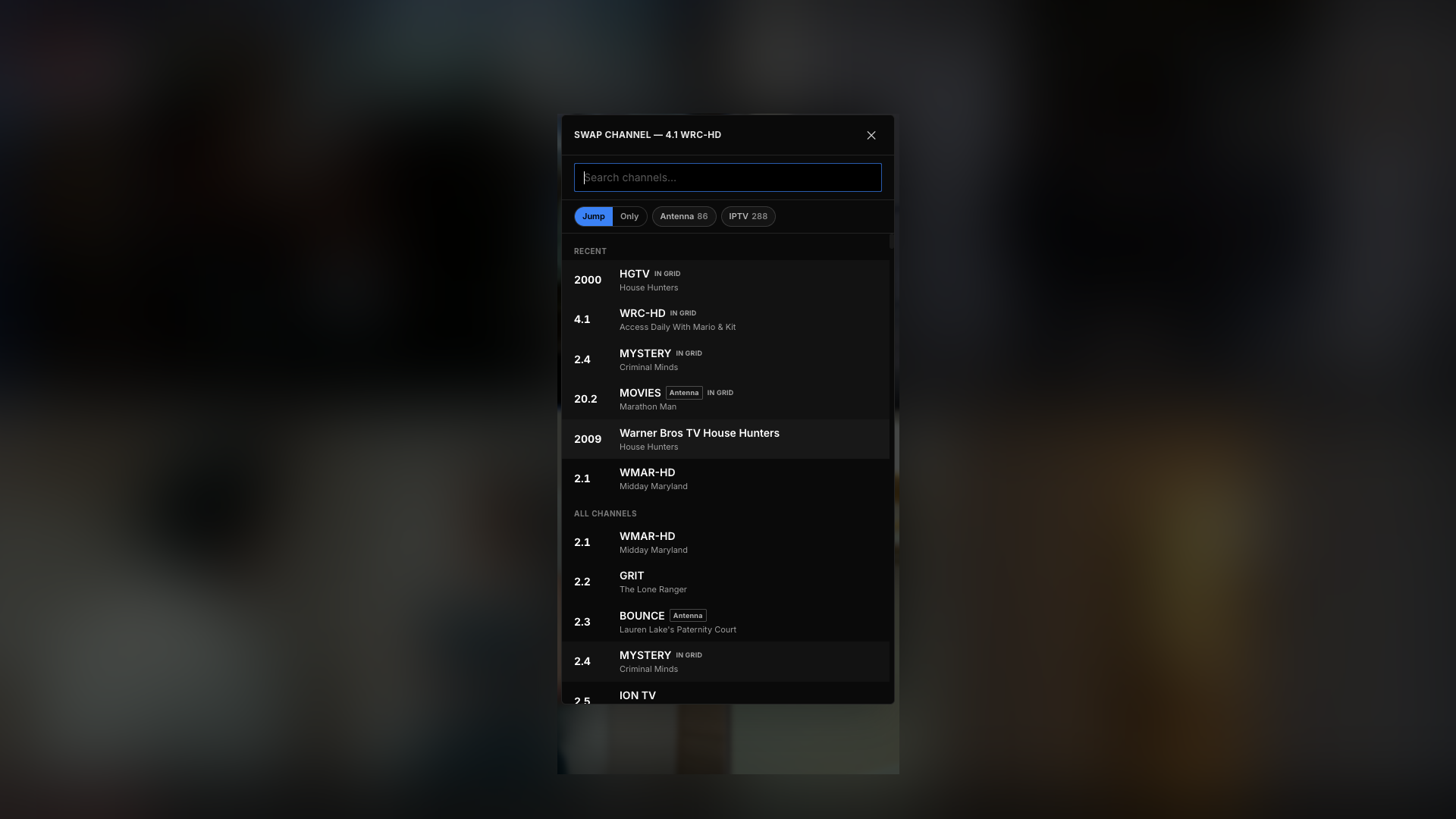 Multiview in the browser with the swap-channel dialog open, searching recent and all channels across antenna and IPTV sources