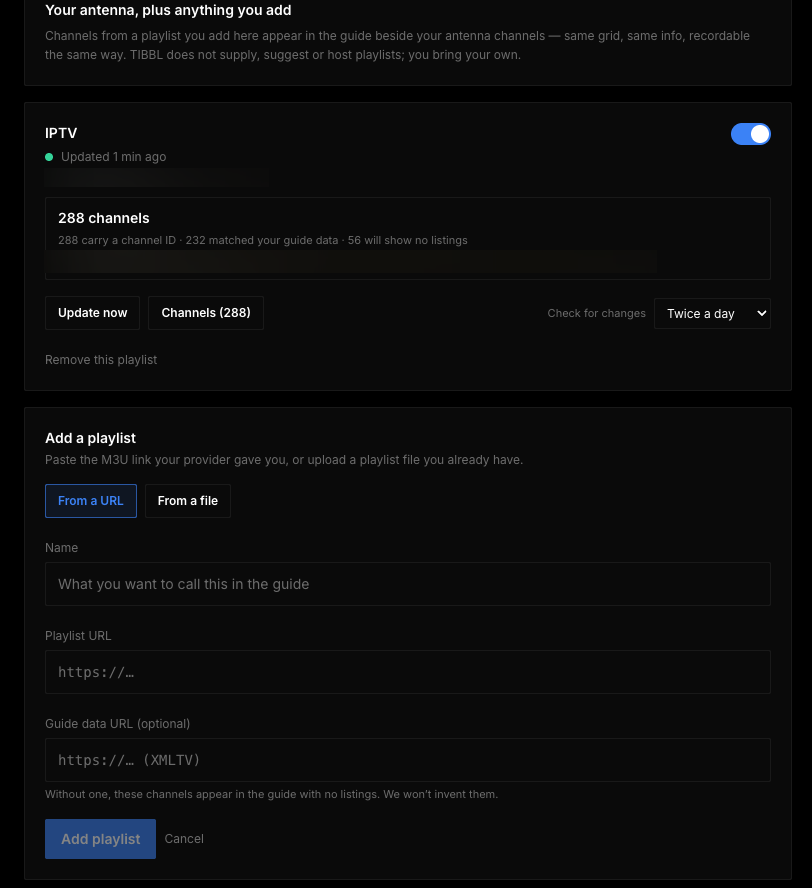 The sources settings page: the antenna plus an added M3U playlist, with per-playlist channel counts and a form for adding another