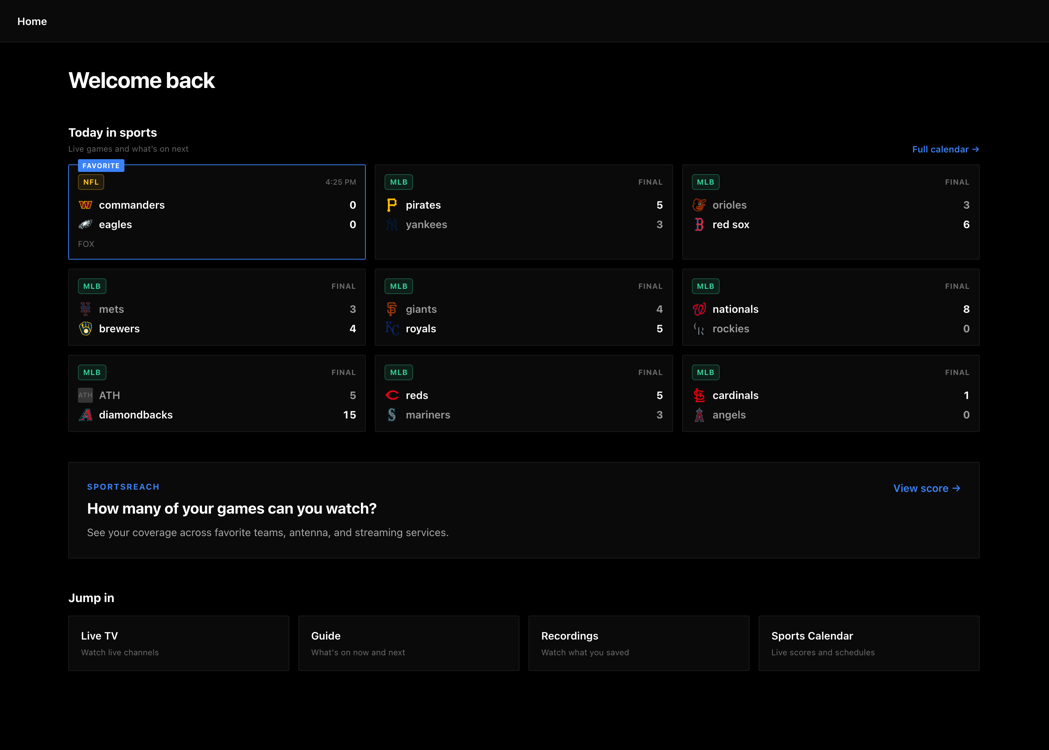 The TIBBL web app, showing today's games and shortcuts to live TV, the guide and recordings