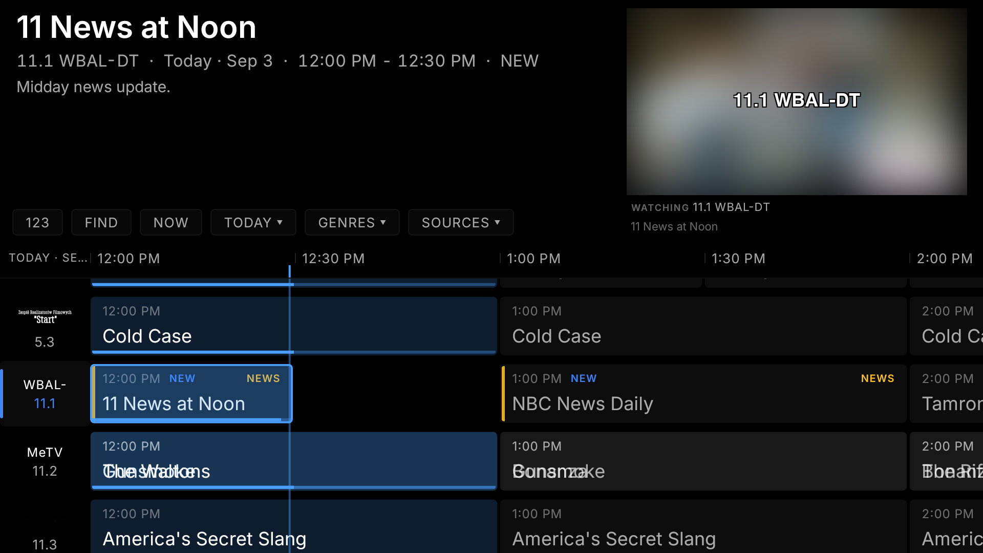 The TIBBL guide on Fire TV: a grid of local channels and programmes, with a live preview pane in the corner