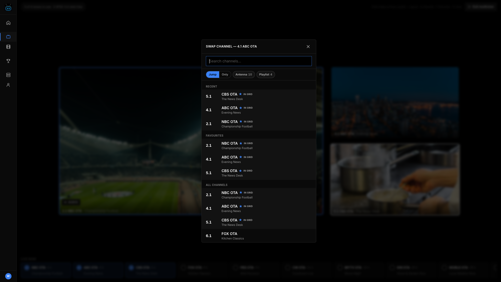 Multiview in the browser with the swap-channel dialog open over the dimmed grid, searching recent and all channels across antenna and IPTV sources