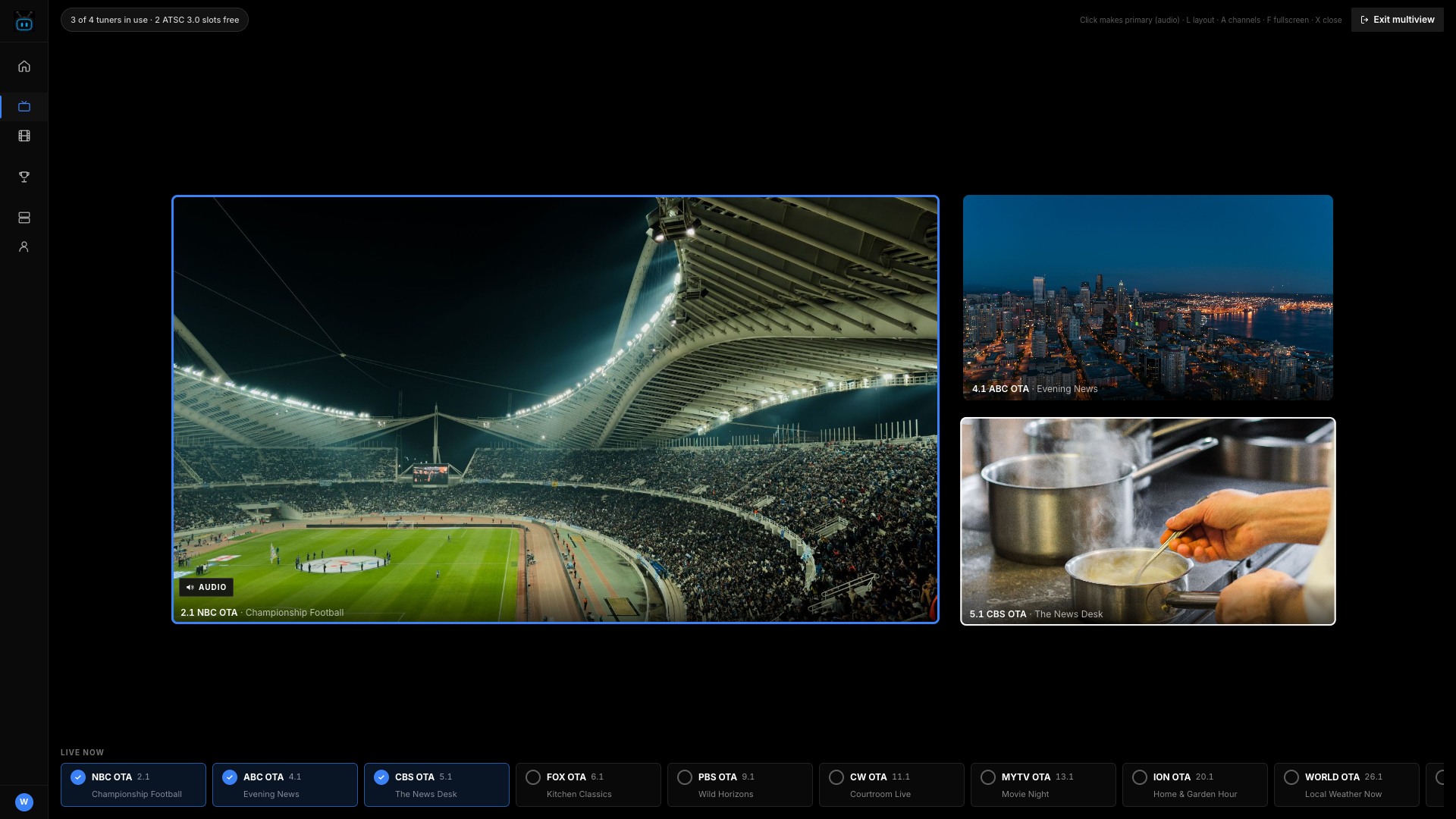 Multiview in an L layout: one large channel holding audio focus, two smaller channels stacked beside it, and the live-now channel strip along the bottom
