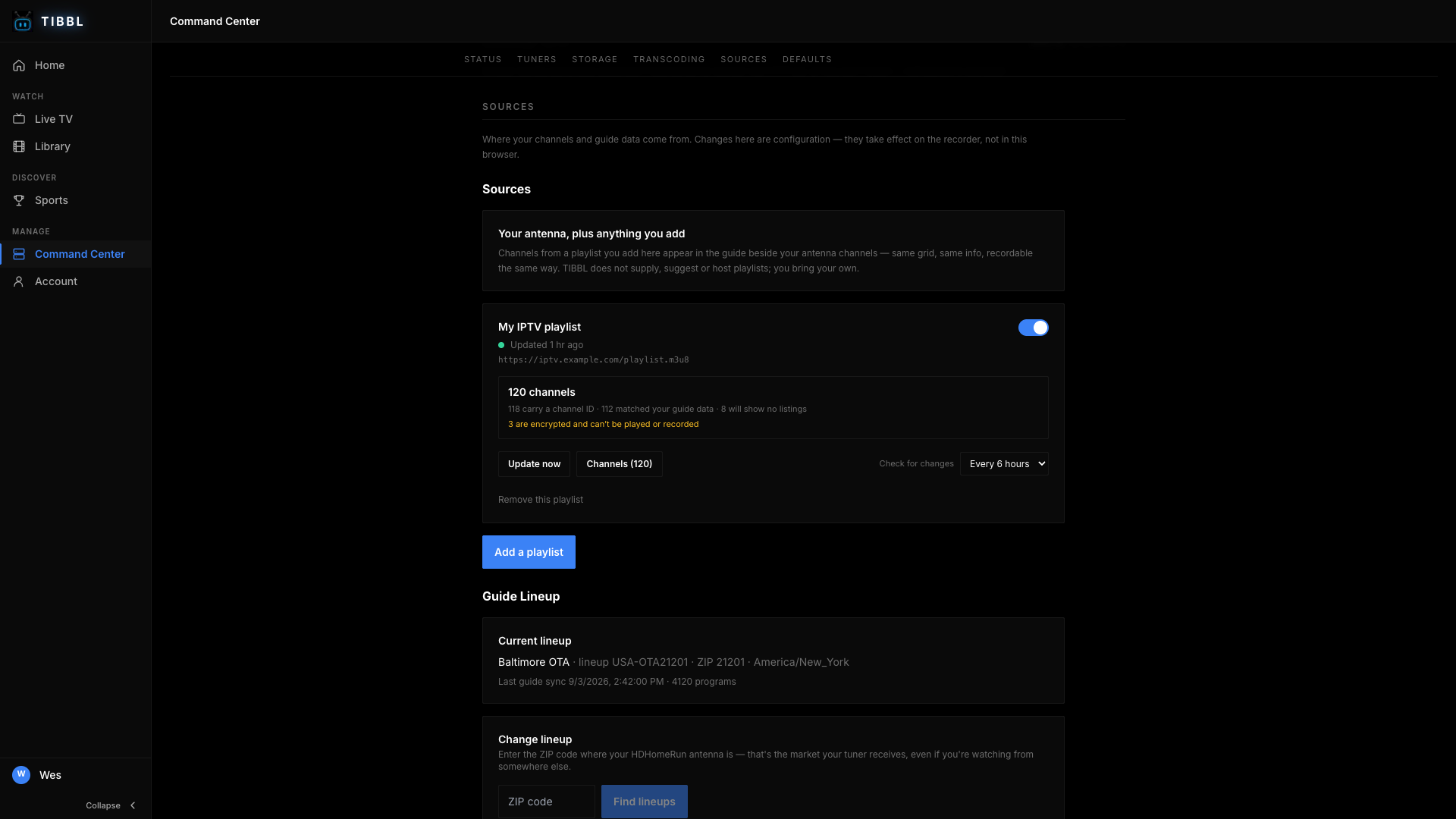 The Command Center sources section: the antenna with tuner status plus an added IPTV playlist, and a form for adding another